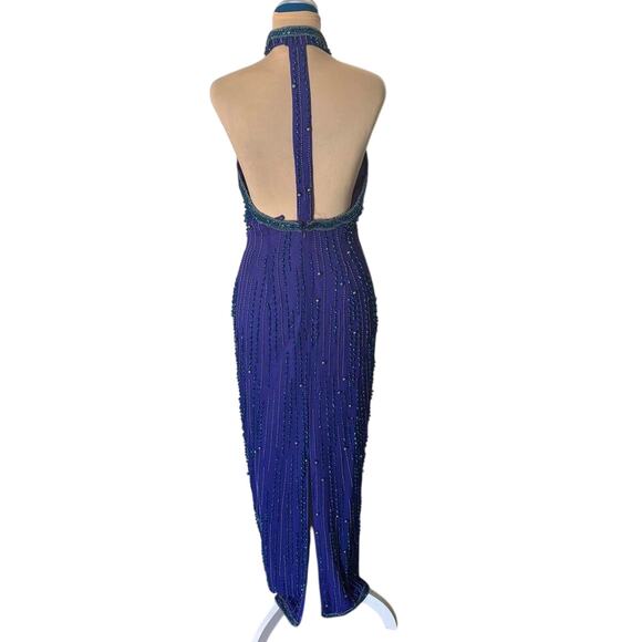 Vintage 80s Alyce Designs Silk Beaded Halter Gown Sexy Glam Feminine Formal XS - Picture 2 of 9